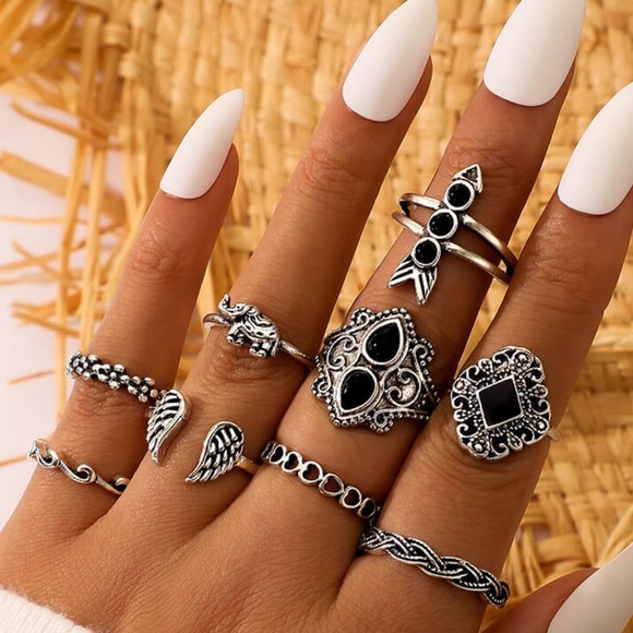 **EMBERLY* 9-Pc Silver x Black Fashion Geometric Ring Set - Picture 2 of 6